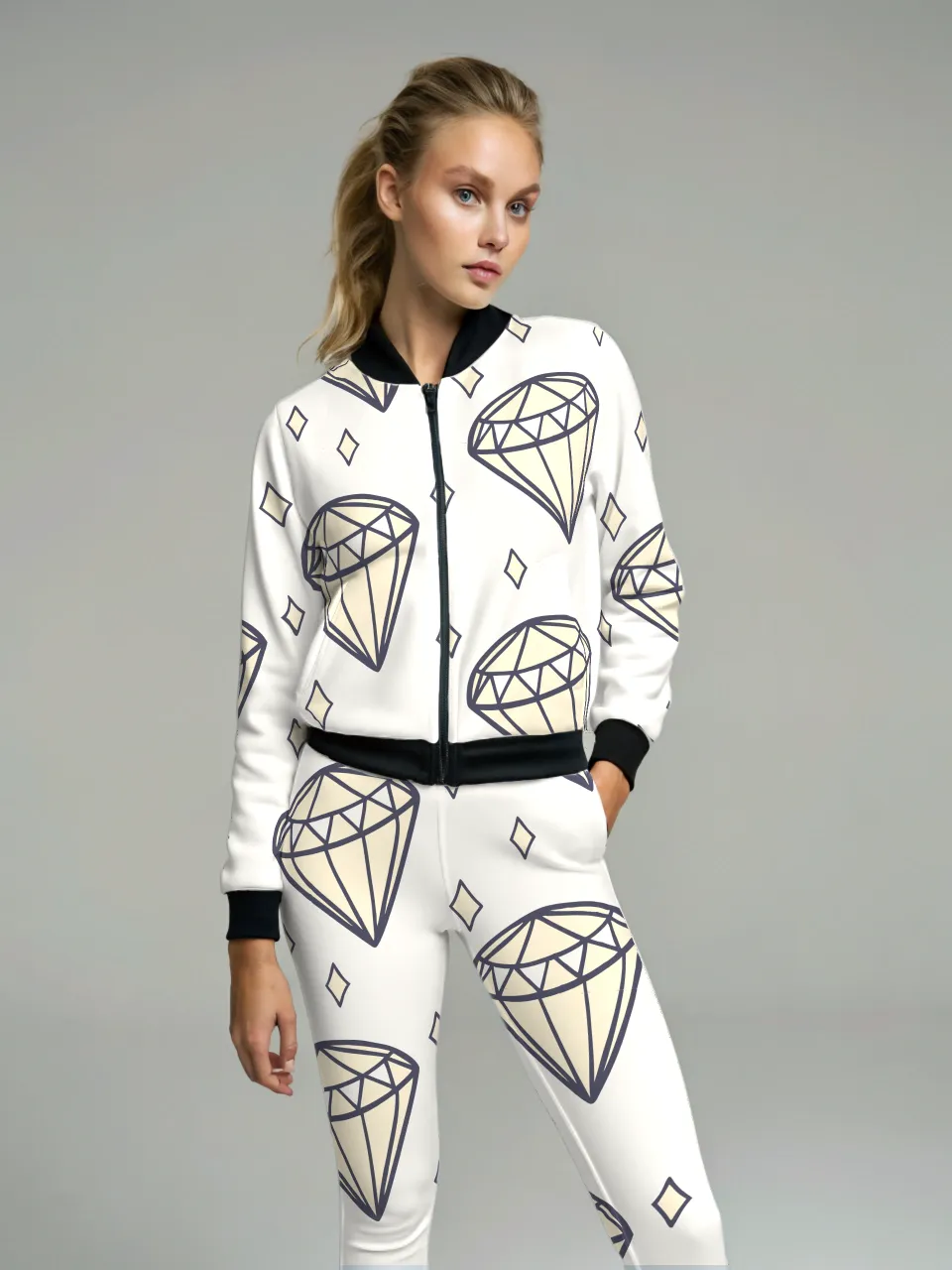 Dazzling Diamond Print Beige High Waist Body Shaping Leggings