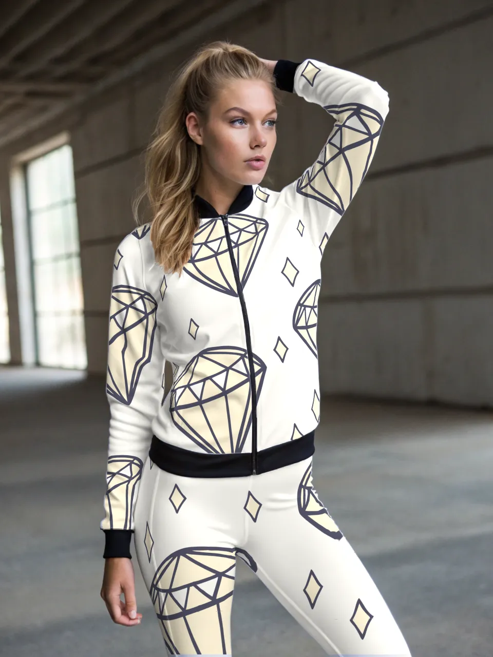 Dazzling Diamond Print Beige High Waist Body Shaping Leggings