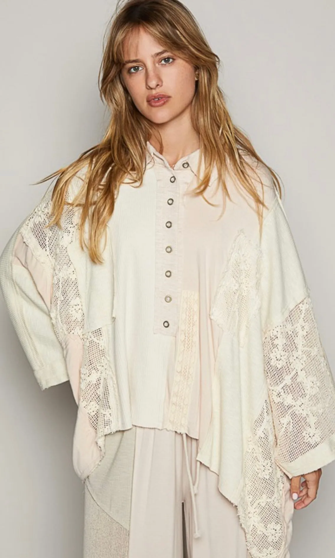 Destiny Cream Oversized Drop Shoulder Crochet Patches Knit Top
