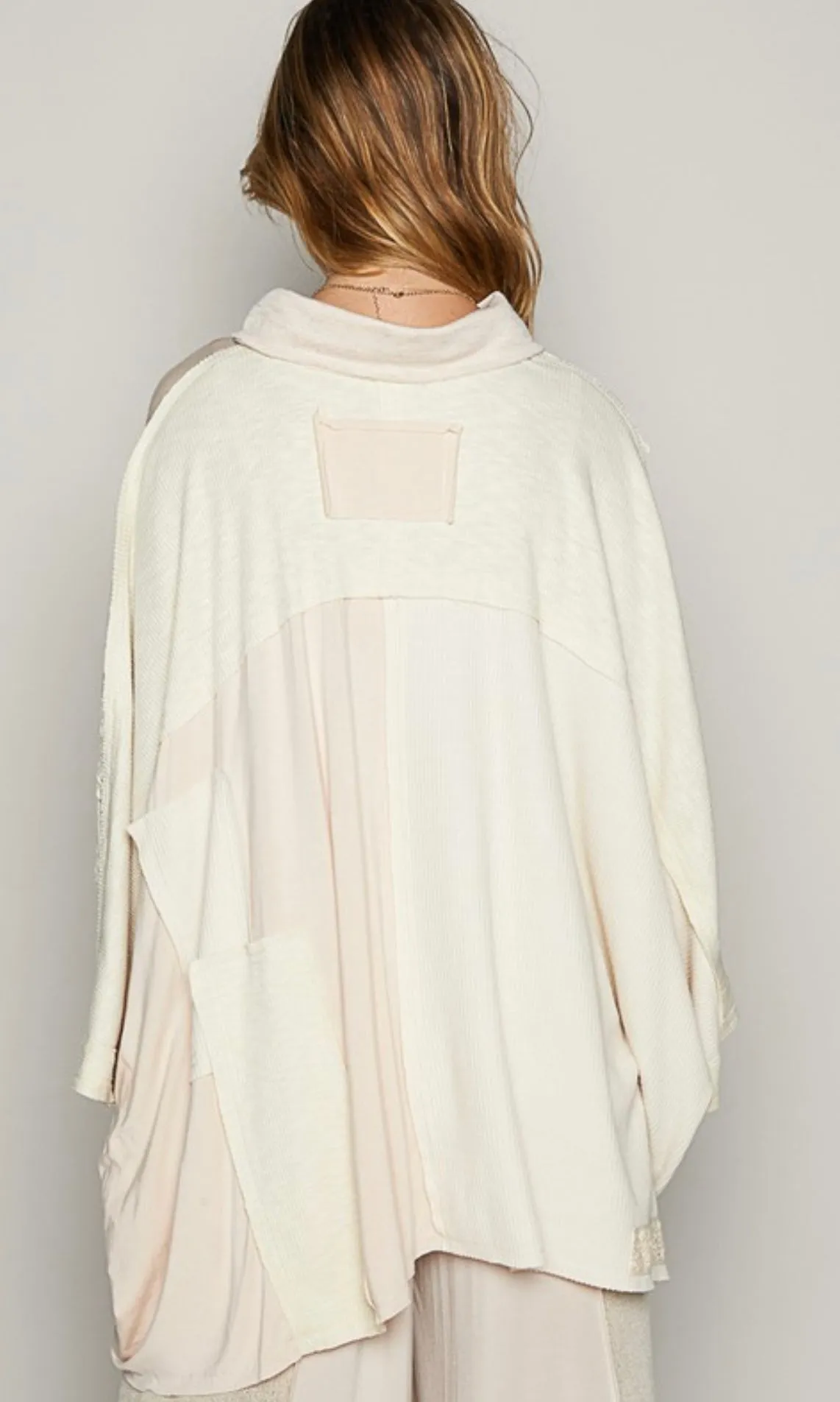 Destiny Cream Oversized Drop Shoulder Crochet Patches Knit Top