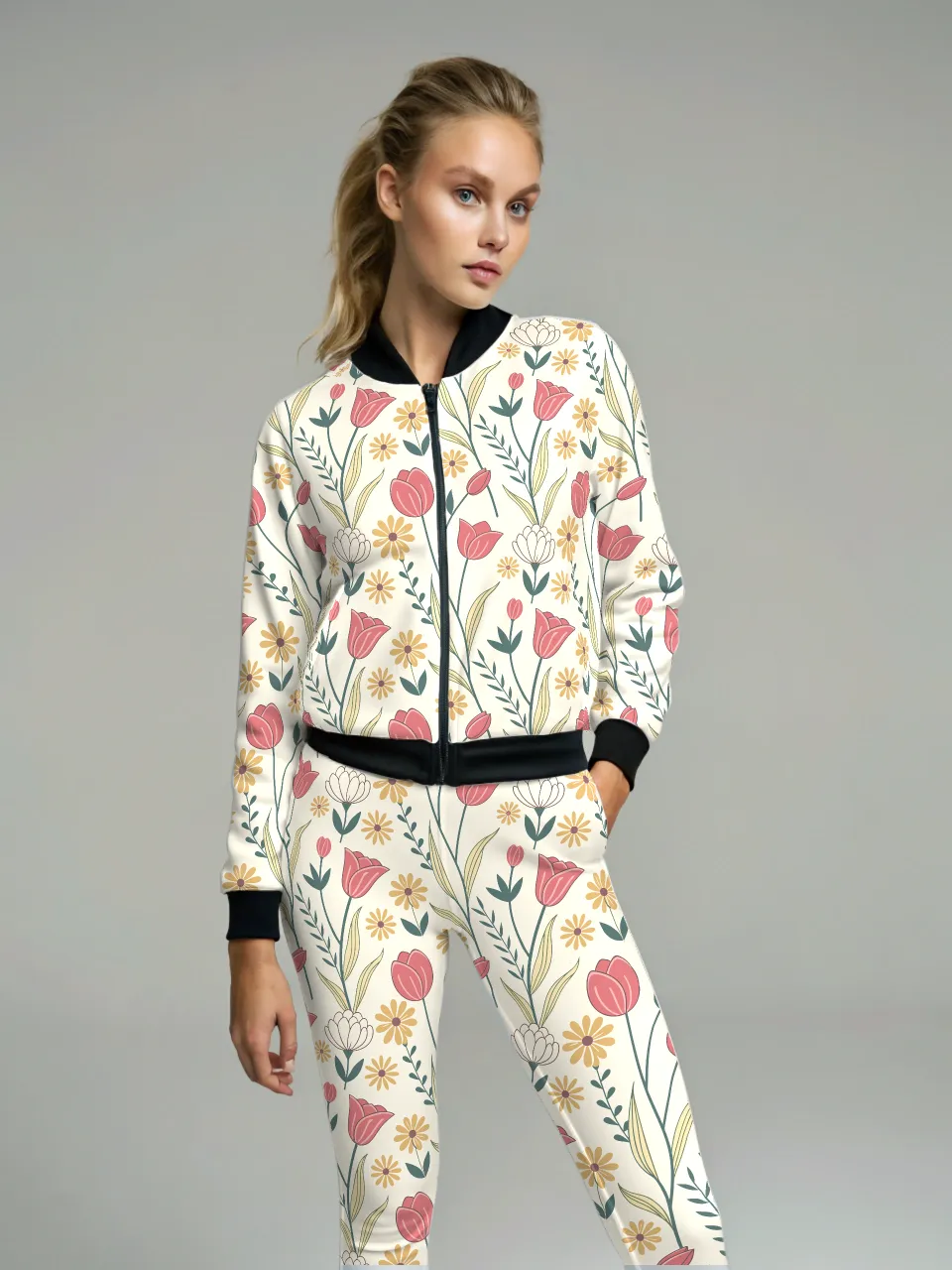 Evergreen Fresh Floral Print White High Waist Body Shaping Leggings