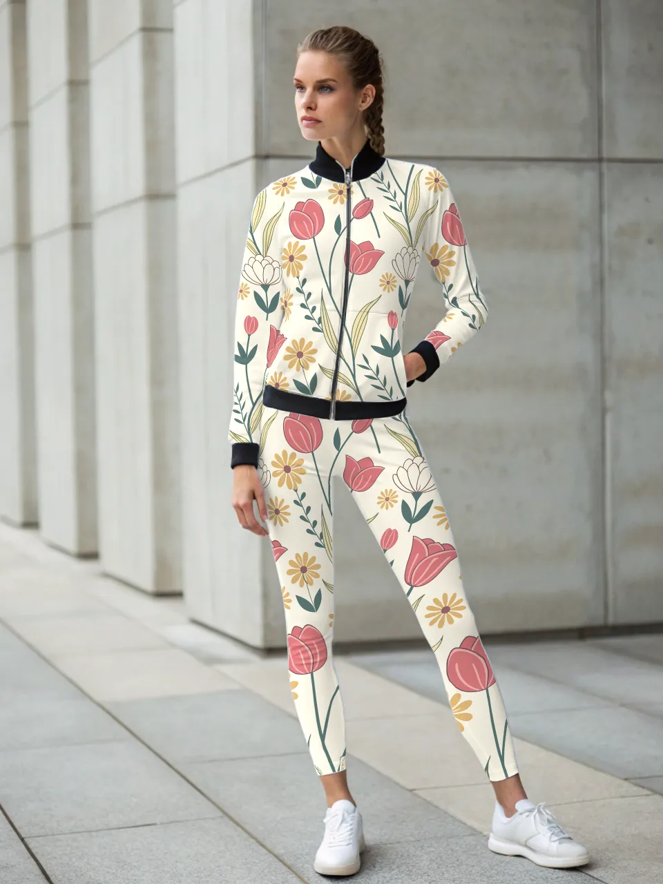 Evergreen Fresh Floral Print White High Waist Body Shaping Leggings