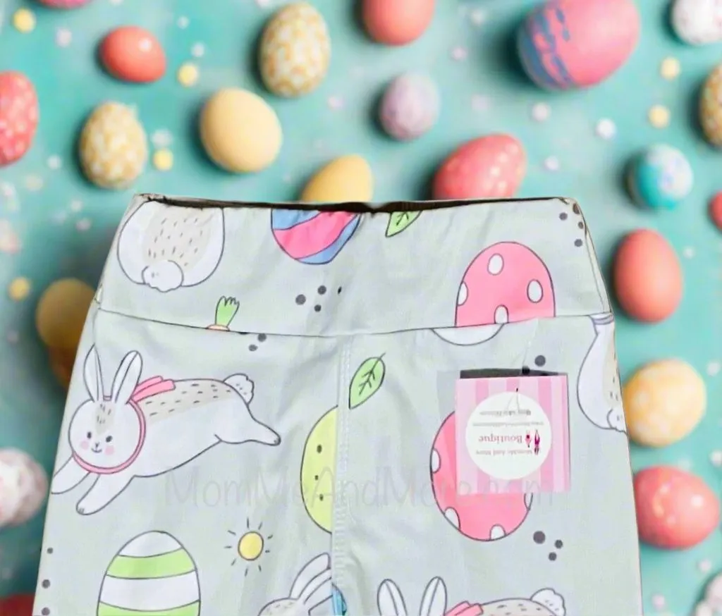 Girls Easter Bunny Leggings, Kids Yoga Pants, Sizes S/L, Yoga Waist, Gray/Pink, Exclusive Leggings