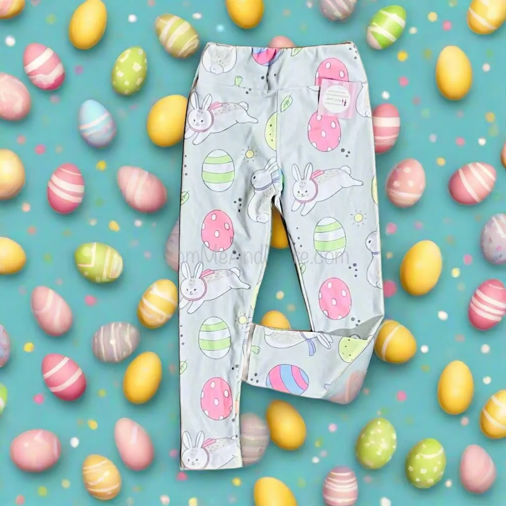 Girls Easter Bunny Leggings, Kids Yoga Pants, Sizes S/L, Yoga Waist, Gray/Pink, Exclusive Leggings