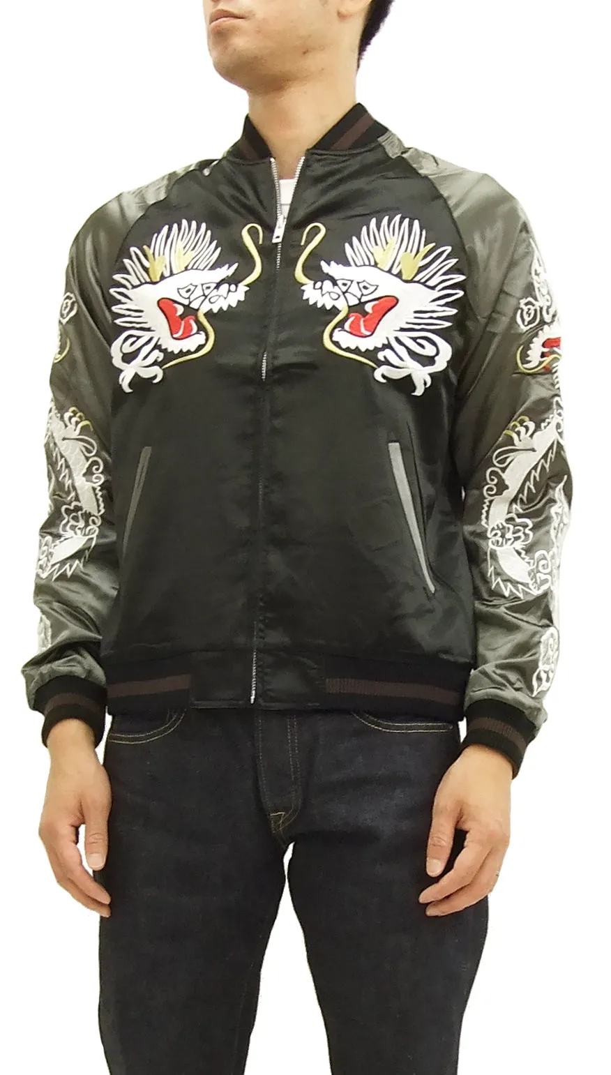 Japanesque Script Japanese Souvenir Jacket 3RSJ-503 White tiger Men's Sukajan Black/Brown