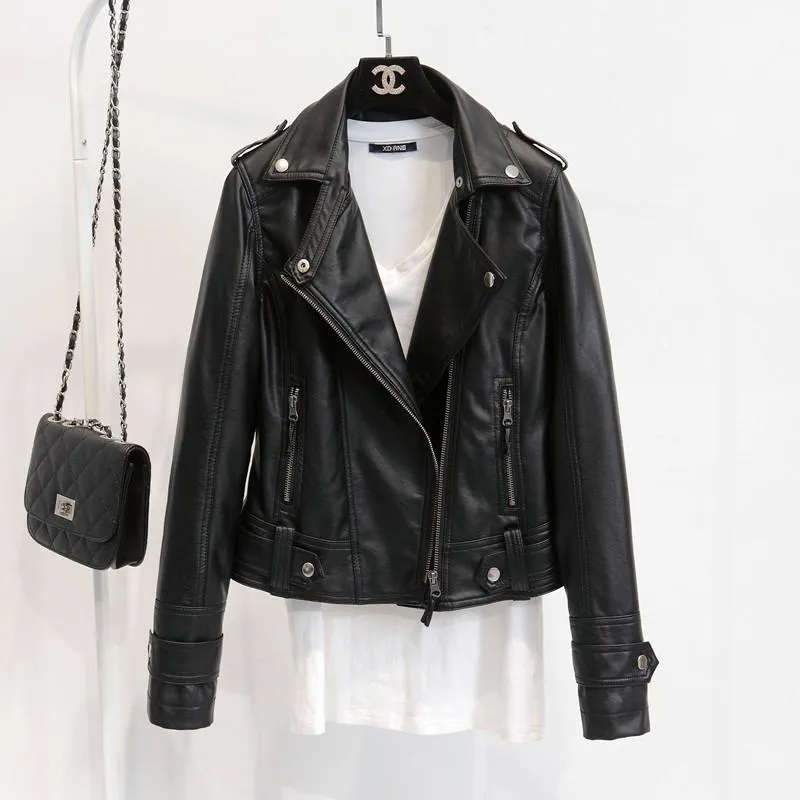 Korean All-Matching Cardigan PU Jacket Women Short Slim Look Lapel Bike Jacket Outerwear