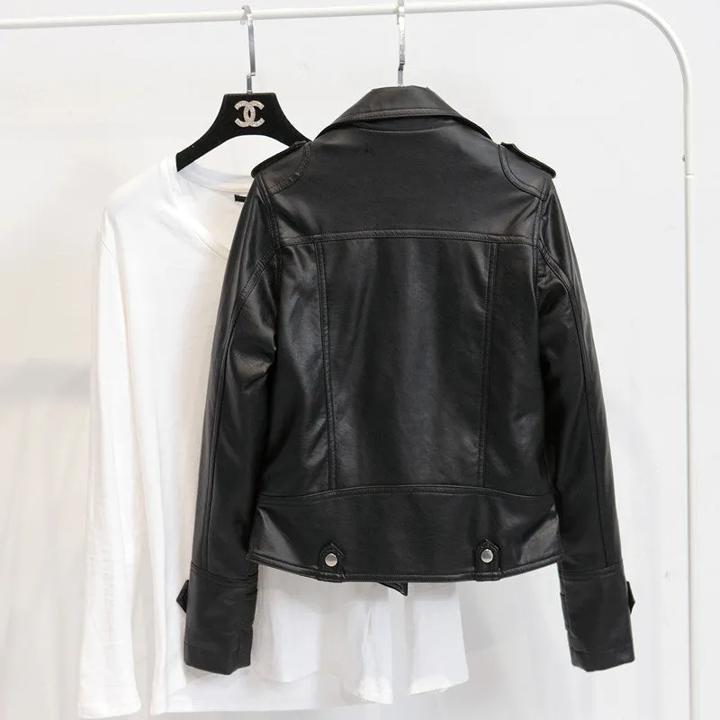 Korean All-Matching Cardigan PU Jacket Women Short Slim Look Lapel Bike Jacket Outerwear