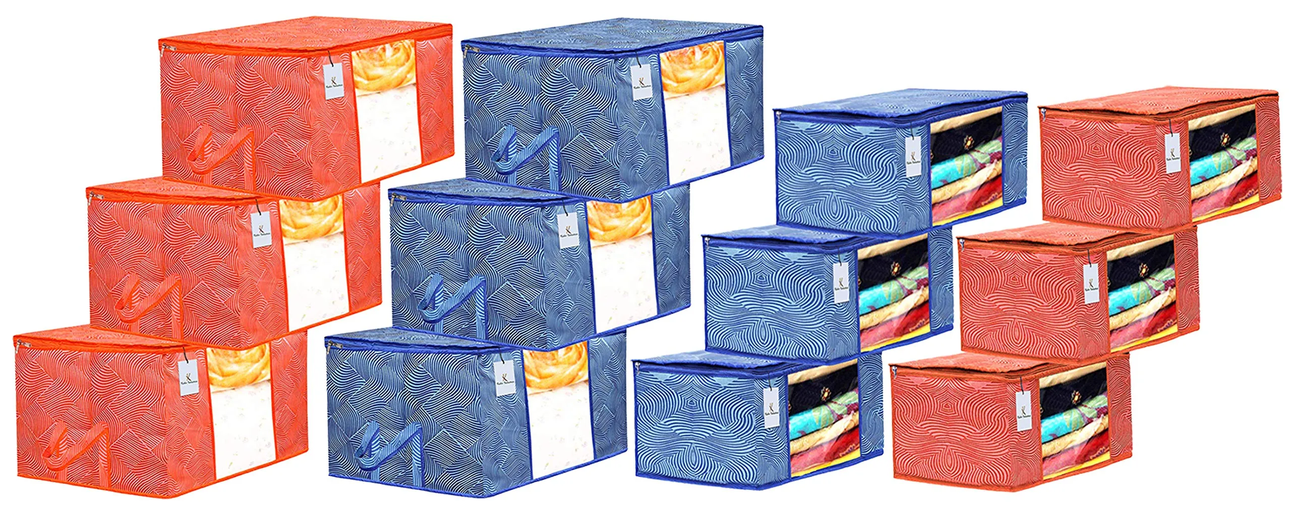 Kuber Industries Leheriya Printed 6 Piece Non Woven Saree Cover And 6 Pieces Underbed Storage Bag, Storage Organiser, Blanket Cover, Orange & Blue -CTKTC42456