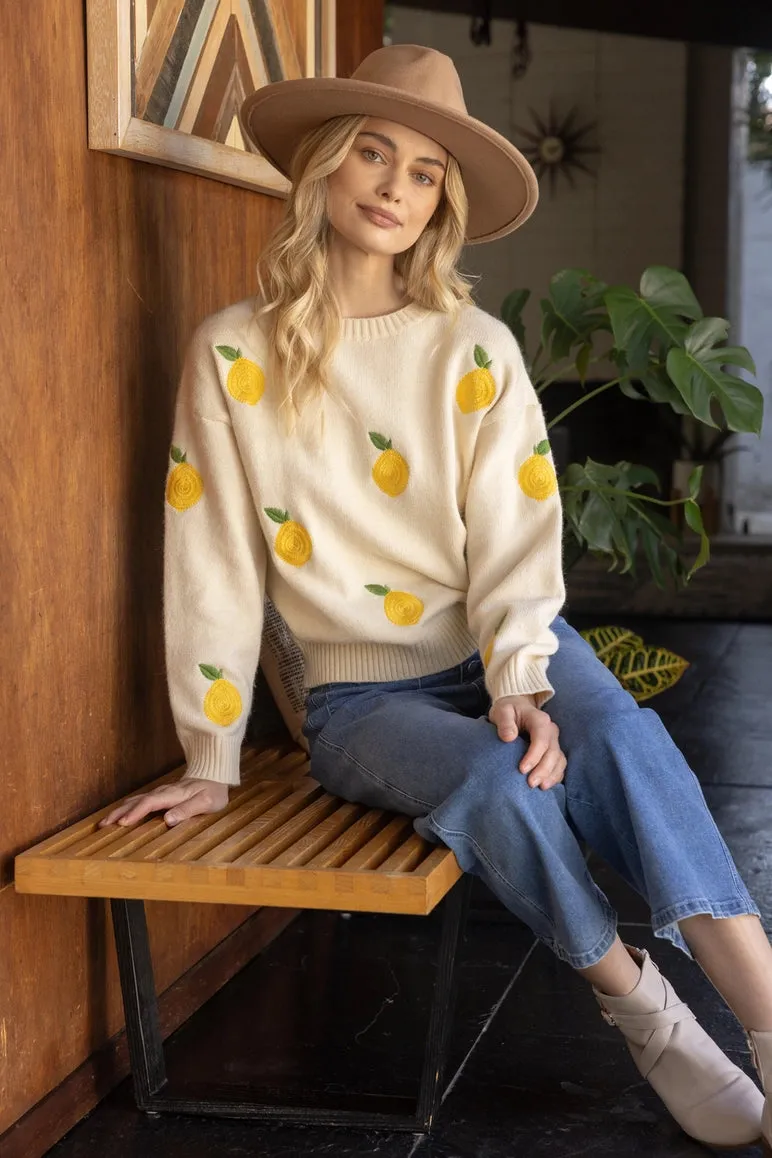 Lemon Embroidered Pull Over Sweater