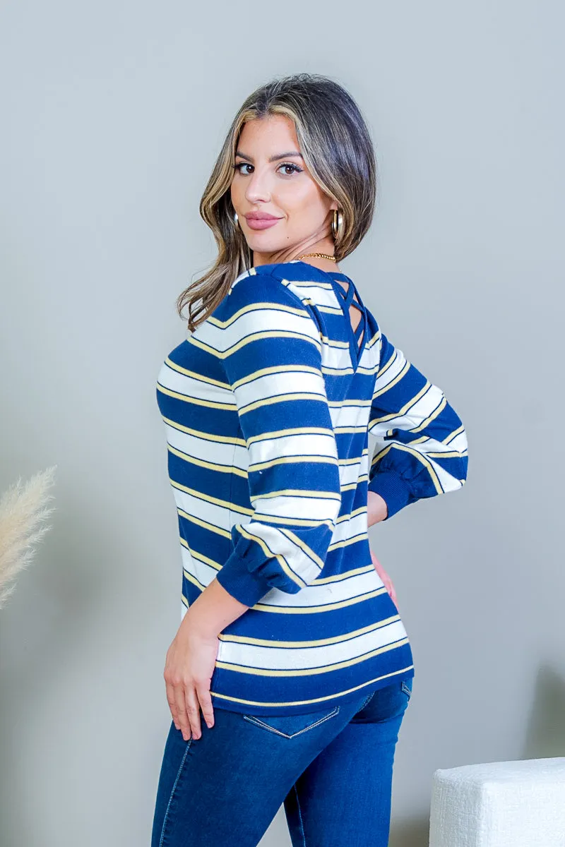 Multi Color Striped V Neck 3/4 Puff Sleeve Top with Criss Cross Back in Navy (HS183044)