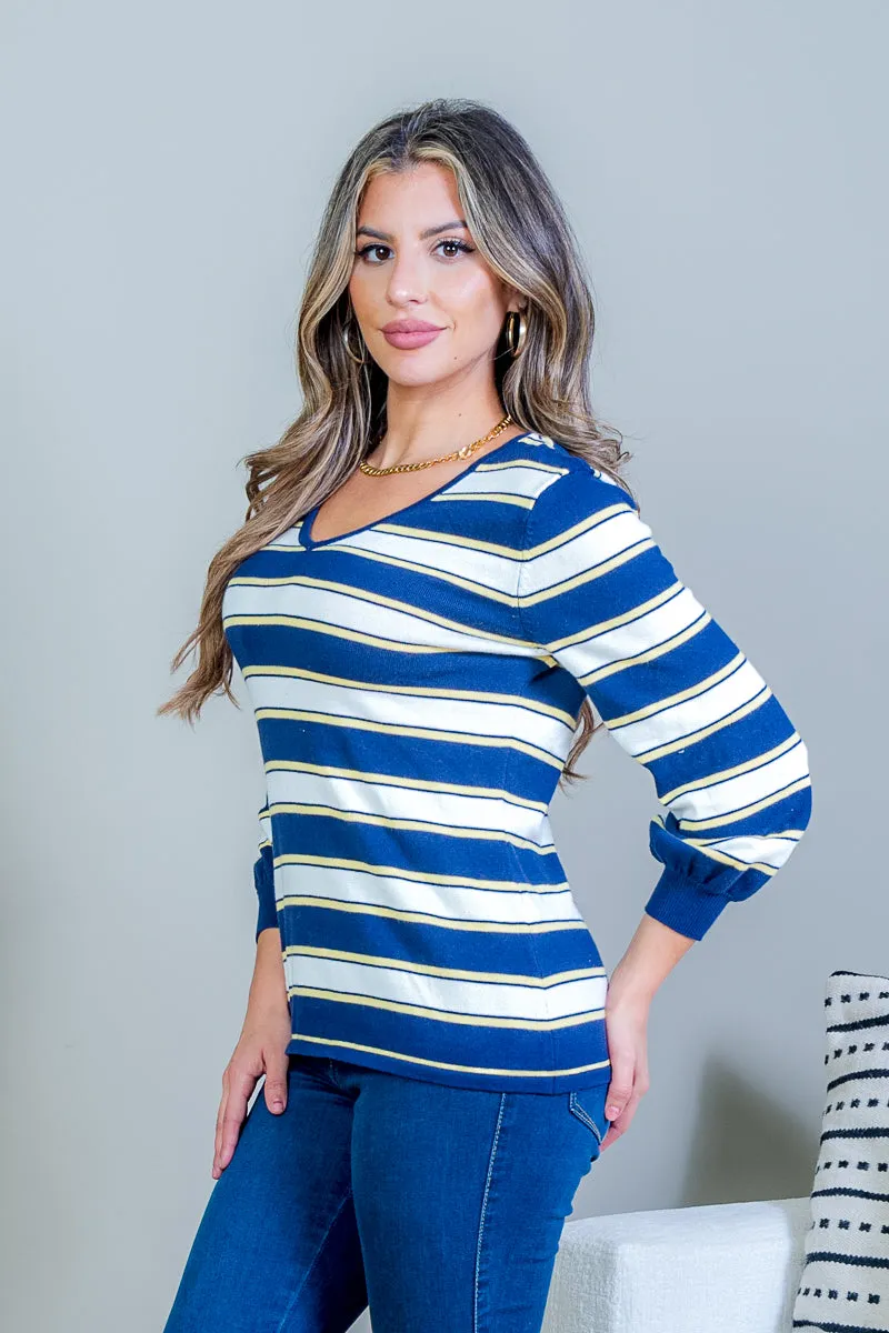 Multi Color Striped V Neck 3/4 Puff Sleeve Top with Criss Cross Back in Navy (HS183044)