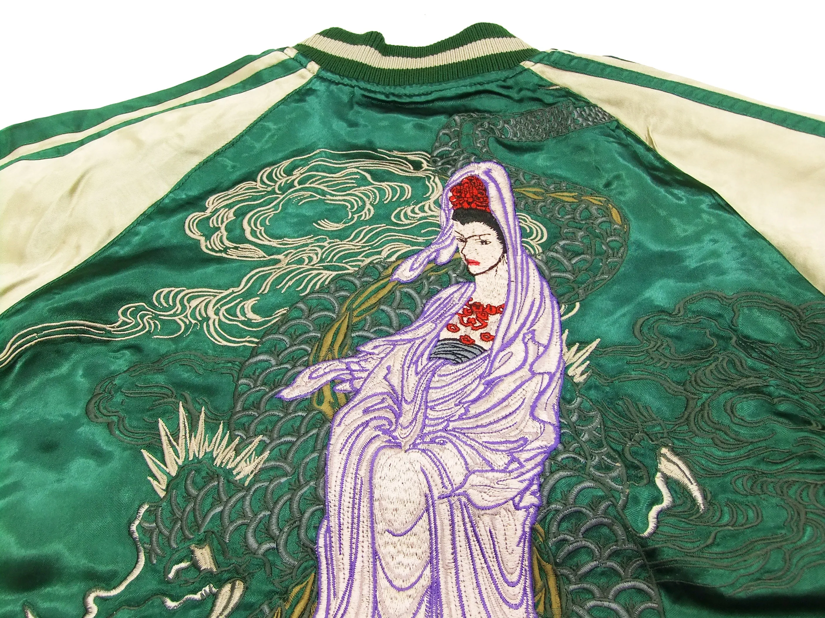 Satori Script Japanese Souvenir Jacket Guanyin Men's Sukajan GSJR-013 Green/Beige