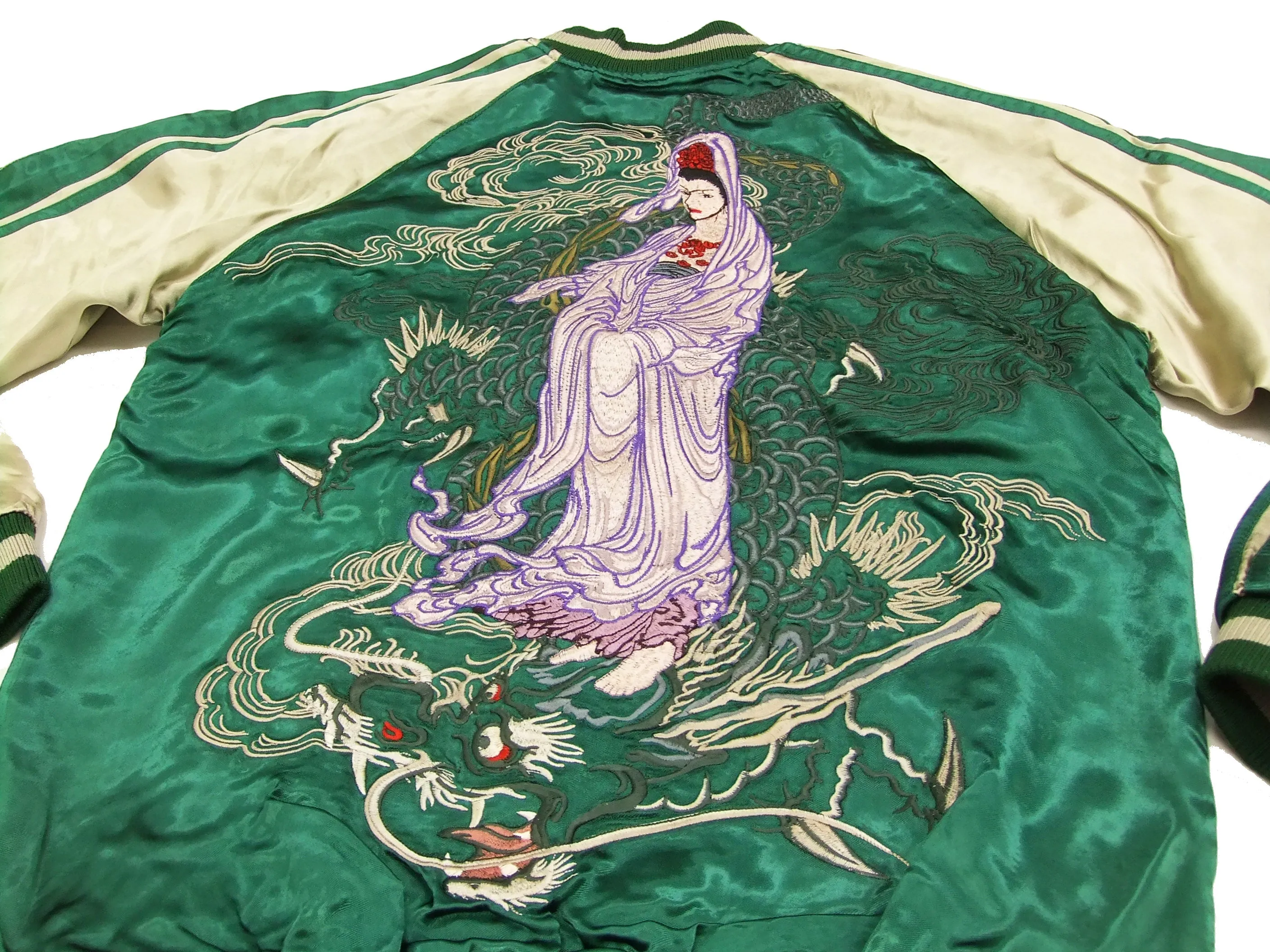Satori Script Japanese Souvenir Jacket Guanyin Men's Sukajan GSJR-013 Green/Beige