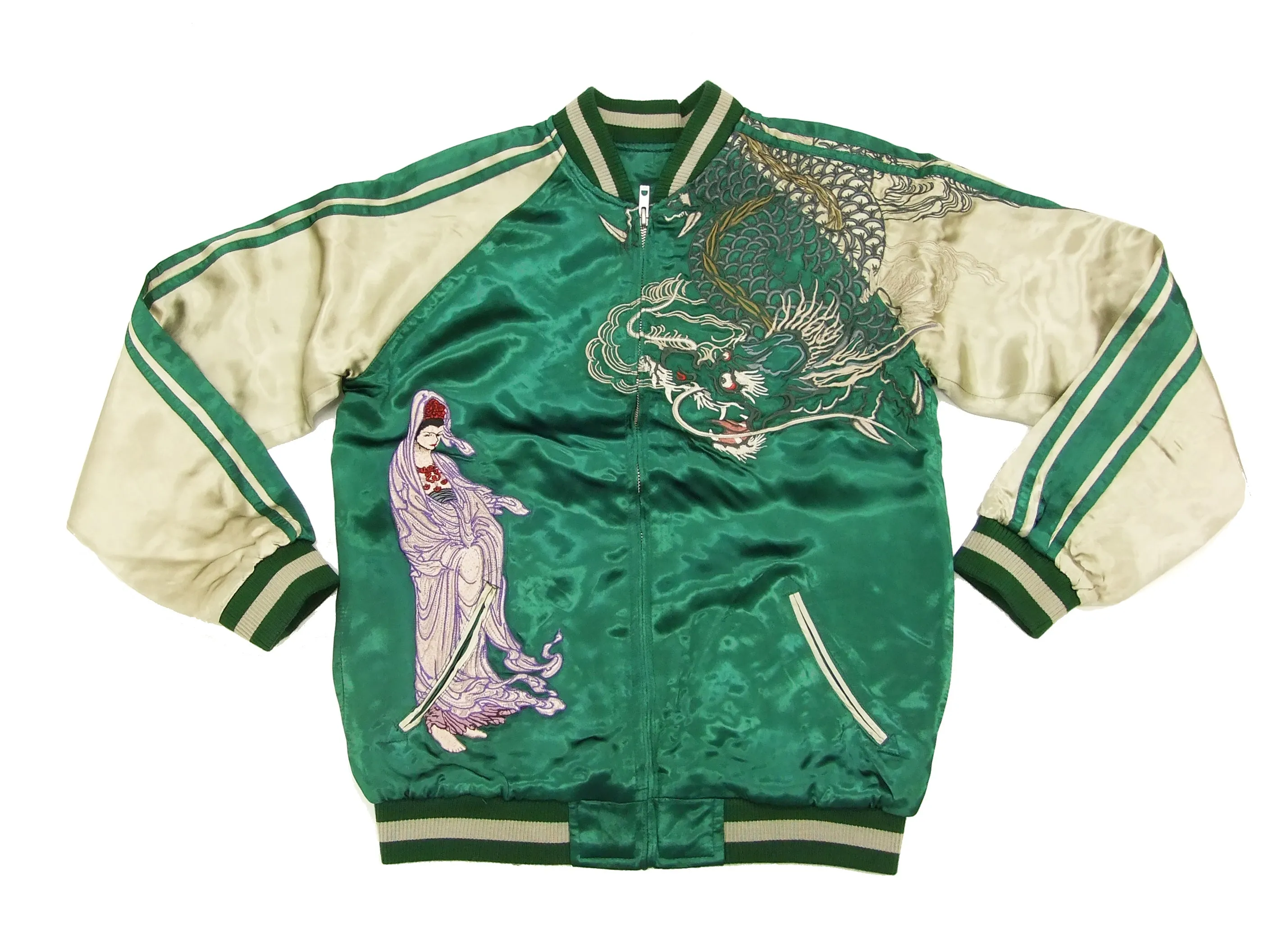 Satori Script Japanese Souvenir Jacket Guanyin Men's Sukajan GSJR-013 Green/Beige