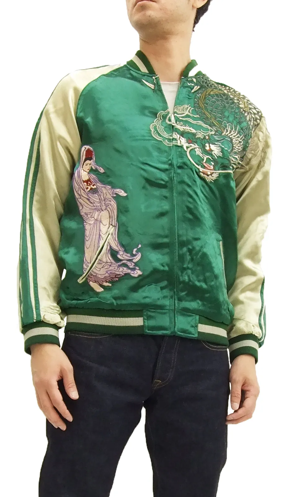 Satori Script Japanese Souvenir Jacket Guanyin Men's Sukajan GSJR-013 Green/Beige