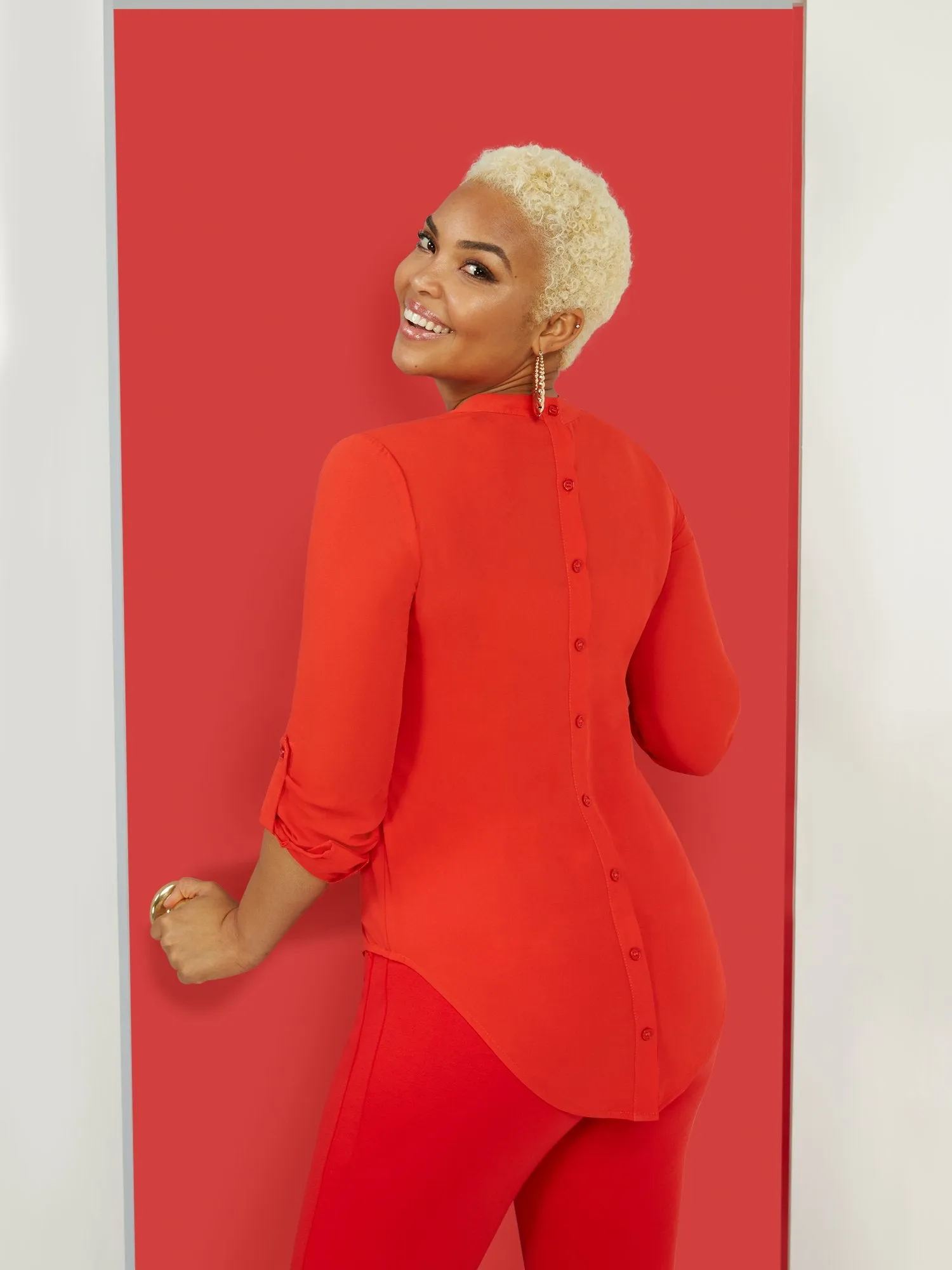 Tab-Sleeve Button-Back V-Neck Top