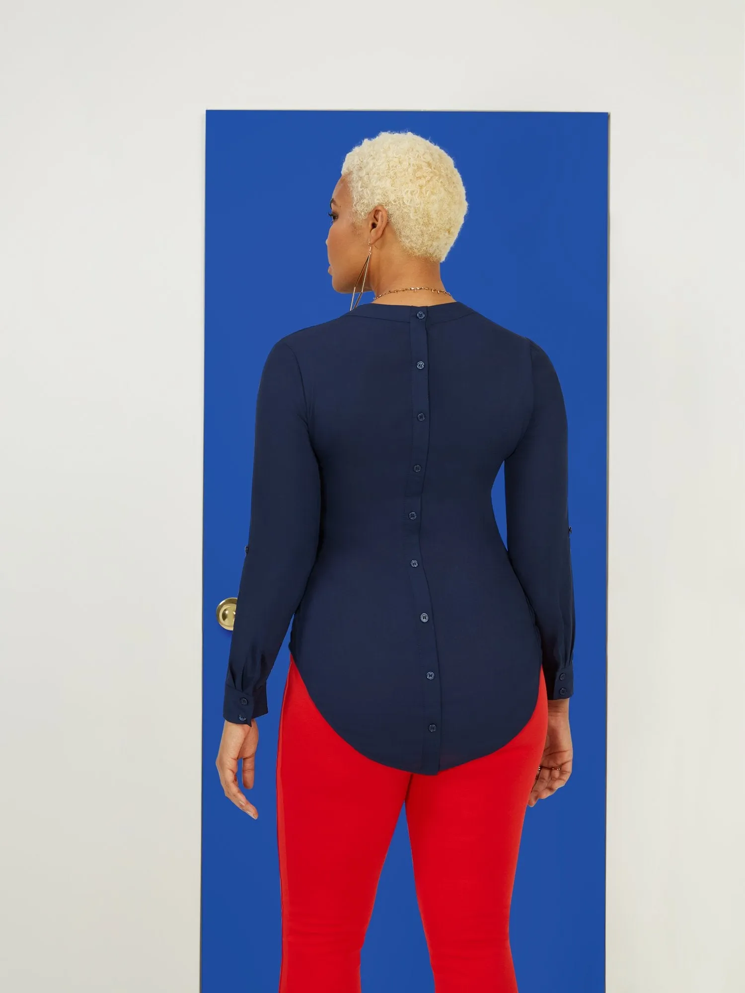 Tab-Sleeve Button-Back V-Neck Top