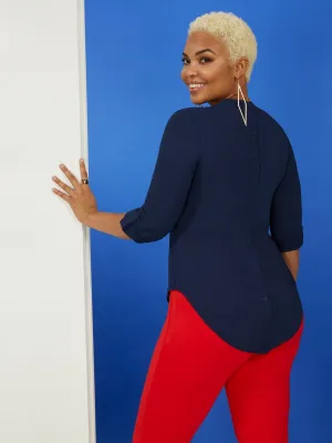 Tab-Sleeve Button-Back V-Neck Top