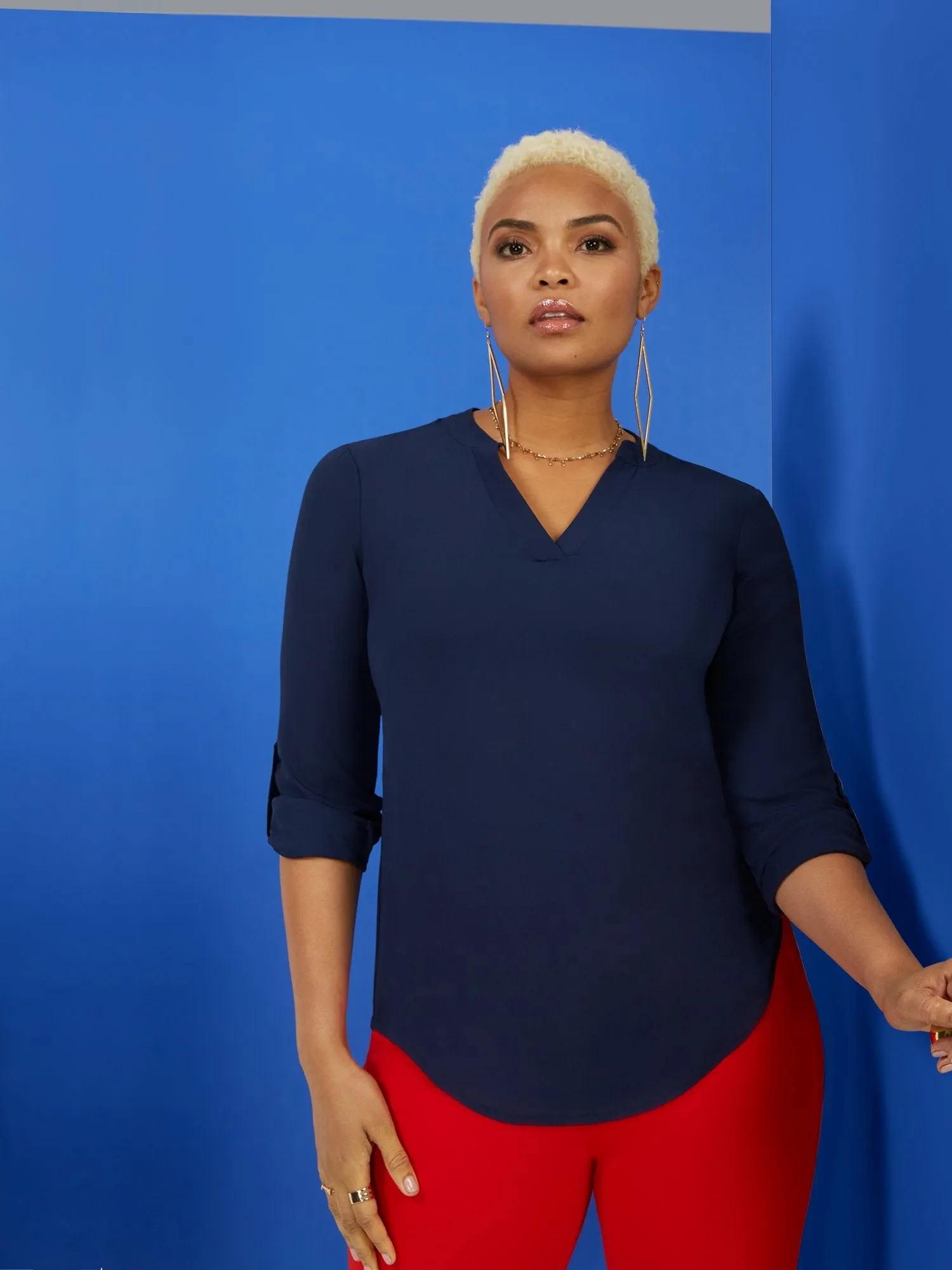 Tab-Sleeve Button-Back V-Neck Top