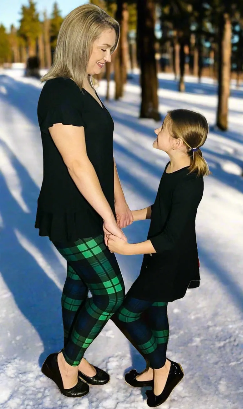 Womens Christmas Green Plaid Leggings, Soft Yoga Pants, Sizes 0-18, No-Roll Waist, Blue/Green