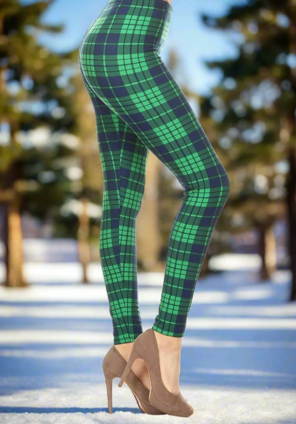 Womens Christmas Green Plaid Leggings, Soft Yoga Pants, Sizes 0-18, No-Roll Waist, Blue/Green