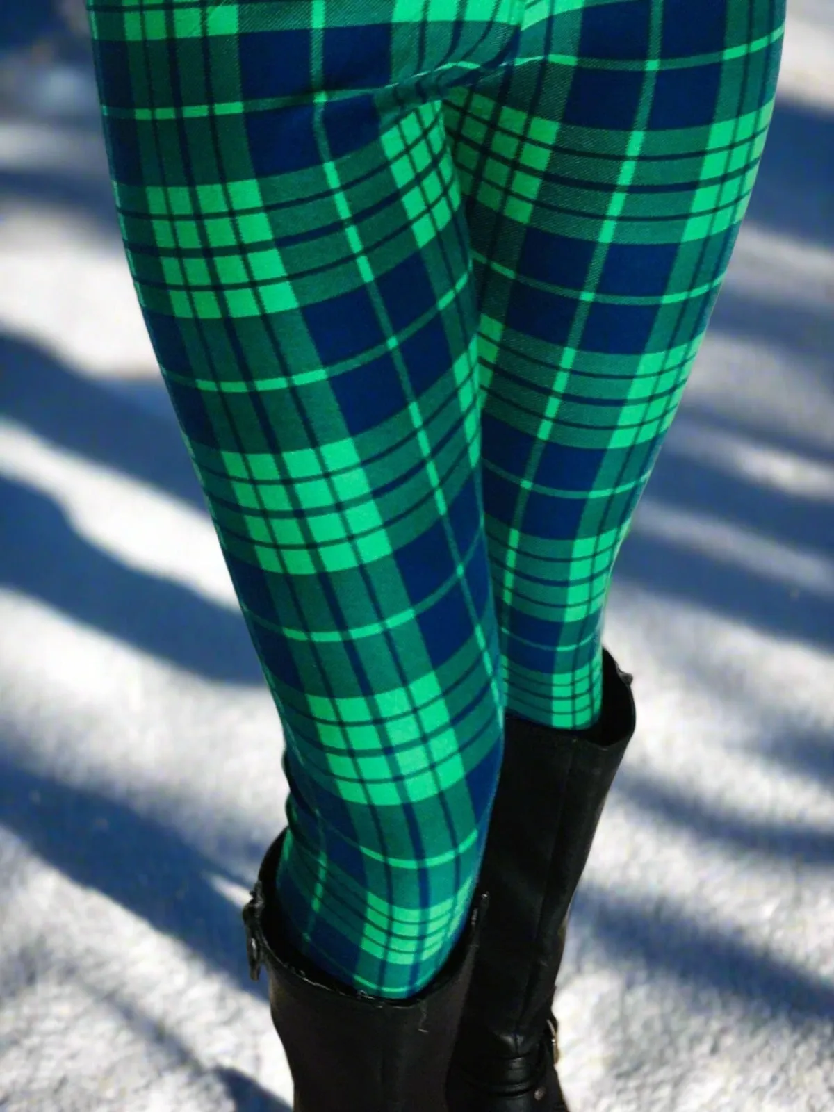 Womens Christmas Green Plaid Leggings, Soft Yoga Pants, Sizes 0-18, No-Roll Waist, Blue/Green