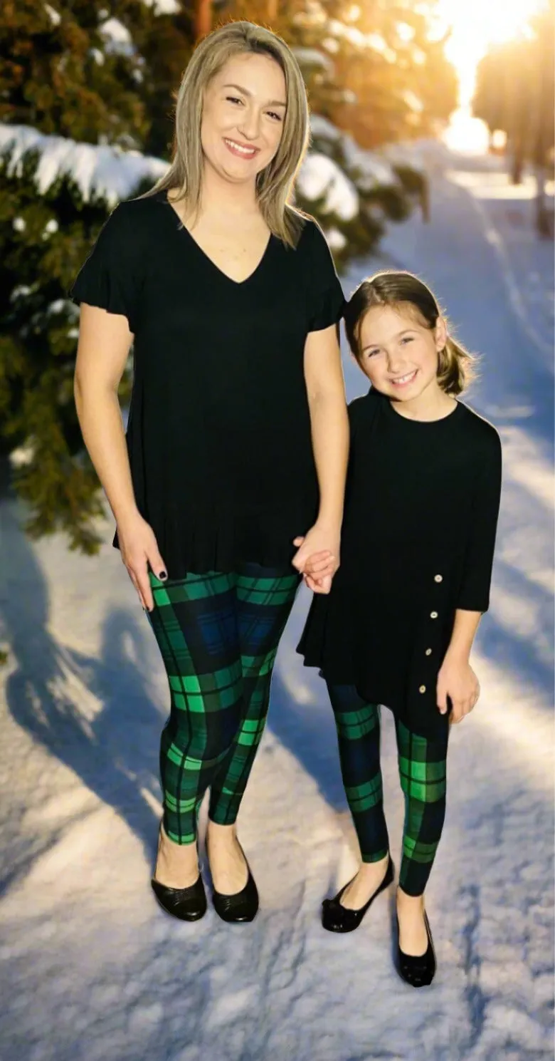 Womens Christmas Green Plaid Leggings, Soft Yoga Pants, Sizes 0-18, No-Roll Waist, Blue/Green