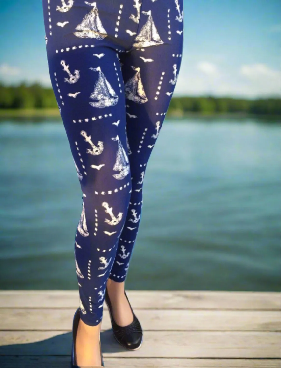 Womens Nautical Boat Leggings, Soft Yoga Pants, Blue/White, Sizes 0-20, Yoga Waist